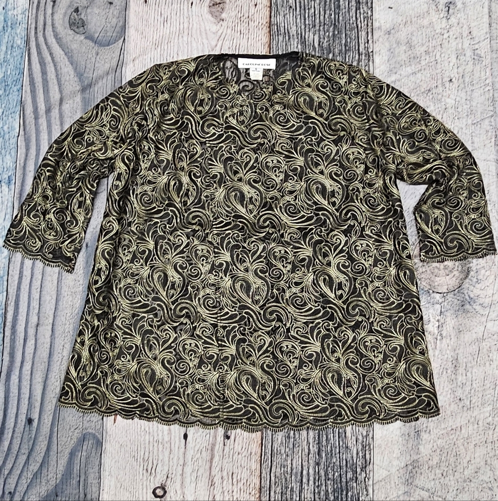 Caroline Rose Sheer Embroidered Swing Cardigan Open Front Women's Size Small